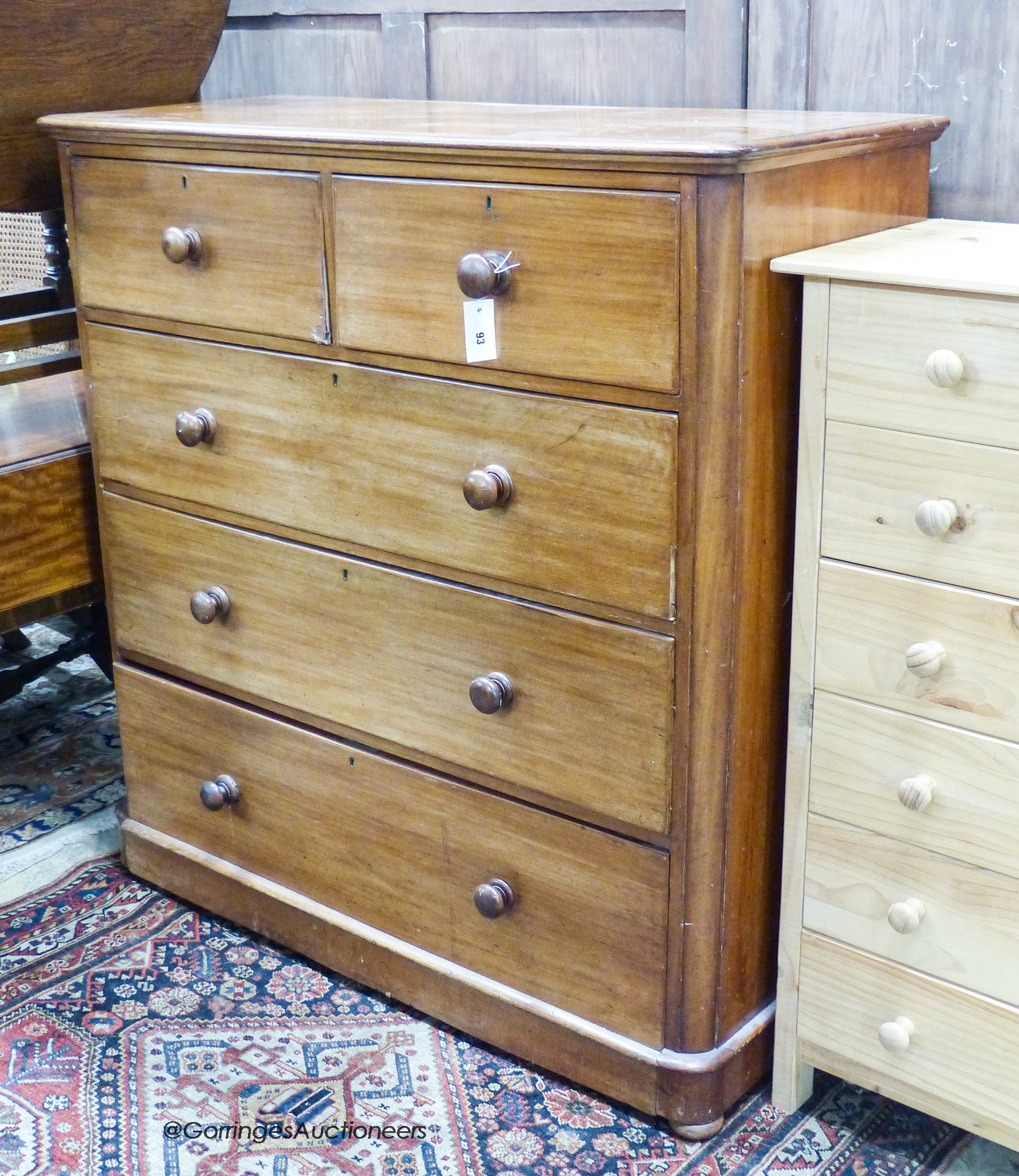 A large Victorian mahogany five drawer chest, width 119cm, depth 50cm, height 122cm